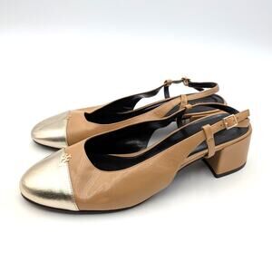 Tory Burch Cap Toe Slingback Pump Ginger Shortbread/Spark Gold Size US9.5M EU40